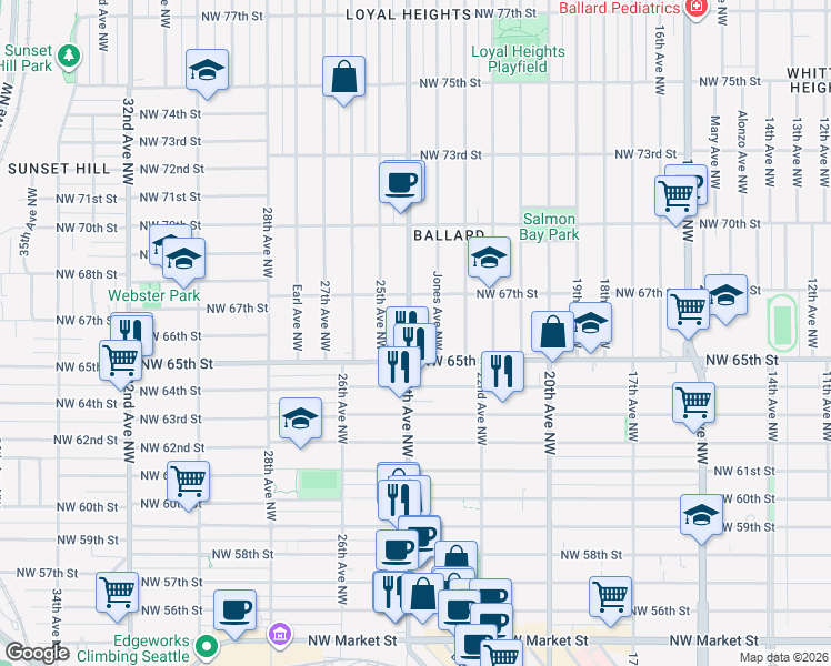 map of restaurants, bars, coffee shops, grocery stores, and more near in Seattle