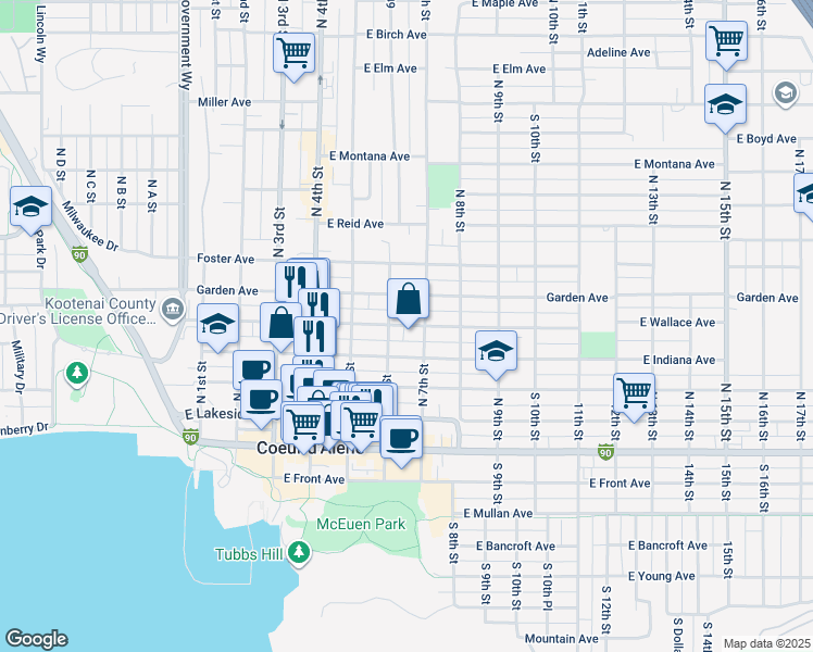 map of restaurants, bars, coffee shops, grocery stores, and more near 603 East Indiana Avenue in Coeur d'Alene