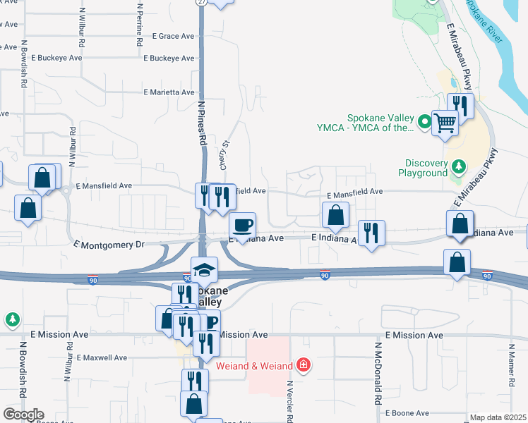 map of restaurants, bars, coffee shops, grocery stores, and more near 2105 North Houk Road in Spokane Valley