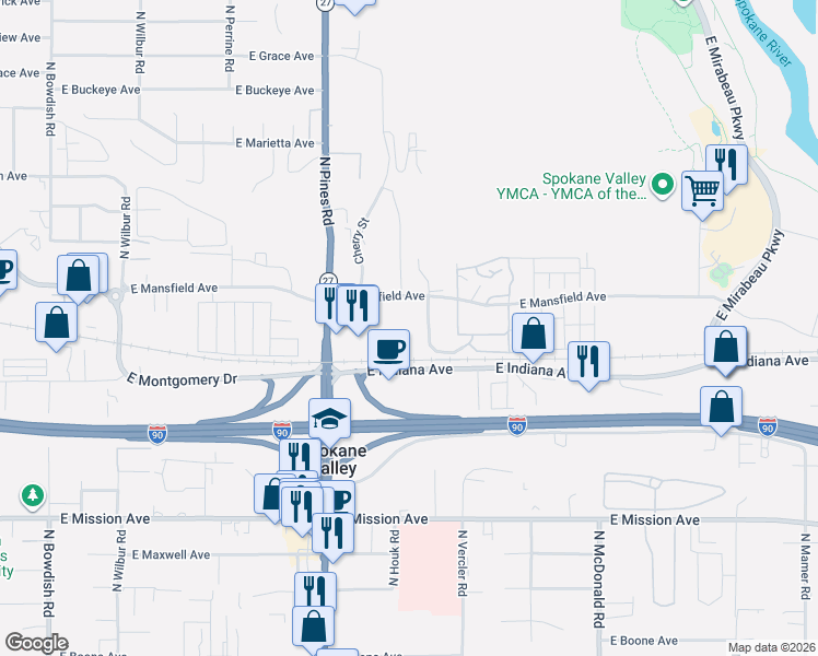 map of restaurants, bars, coffee shops, grocery stores, and more near in Spokane Valley