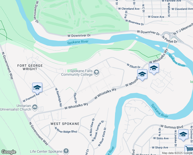 map of restaurants, bars, coffee shops, grocery stores, and more near 3410 W Fort George Wright Dr in Spokane