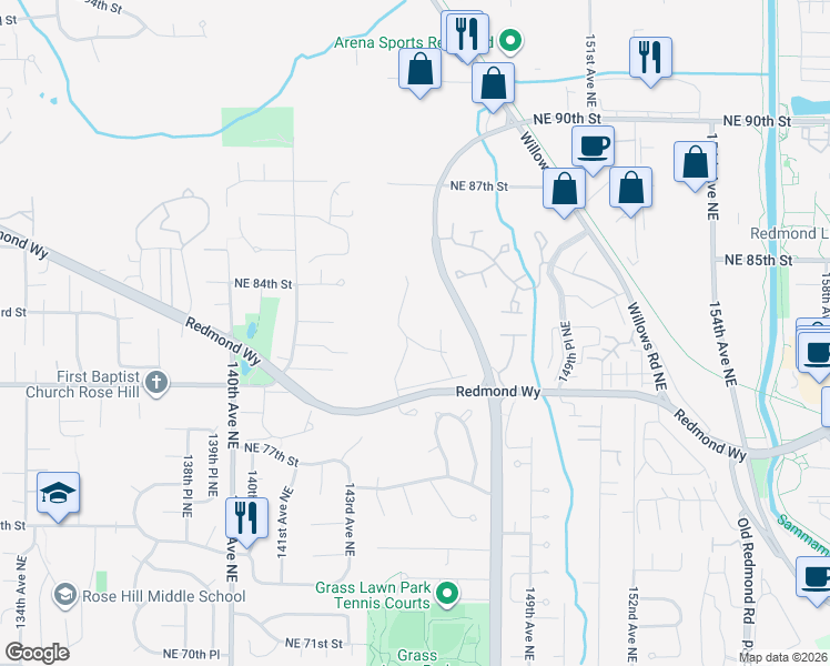 map of restaurants, bars, coffee shops, grocery stores, and more near 8016 145th Avenue Northeast in Redmond