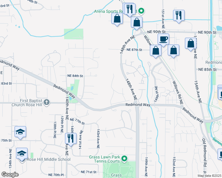 map of restaurants, bars, coffee shops, grocery stores, and more near 8016 145th Avenue Northeast in Redmond