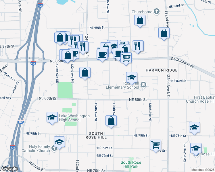 map of restaurants, bars, coffee shops, grocery stores, and more near 12526 Northeast 80th Place in Kirkland