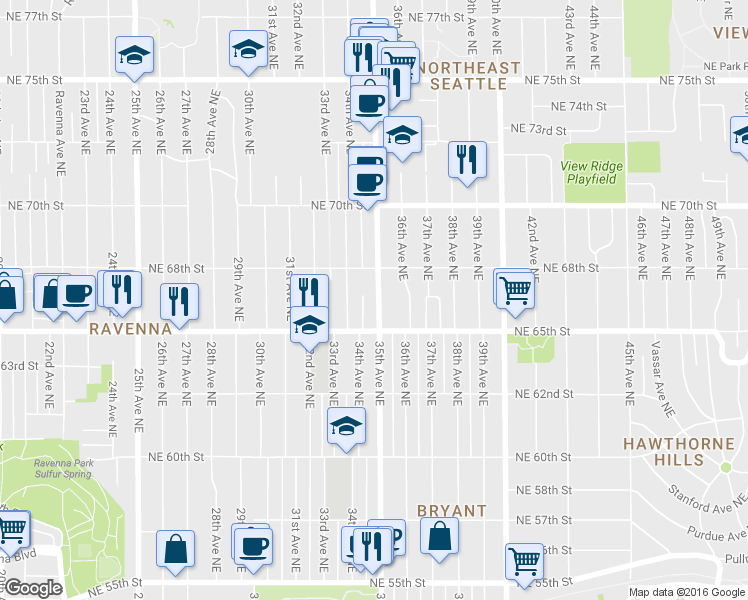 map of restaurants, bars, coffee shops, grocery stores, and more near in Seattle