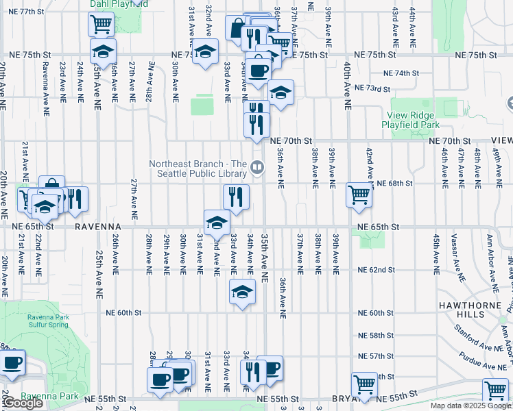 map of restaurants, bars, coffee shops, grocery stores, and more near in Seattle