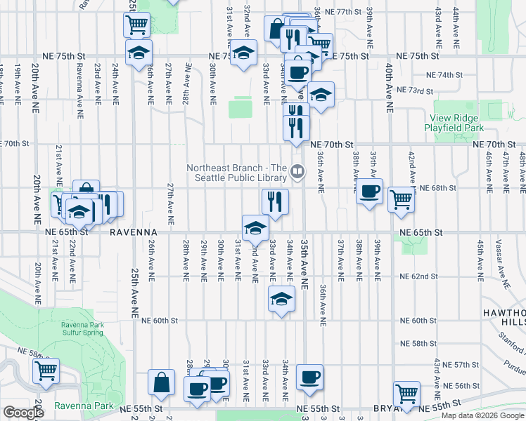 map of restaurants, bars, coffee shops, grocery stores, and more near 3114 Northeast 65th Street in Seattle