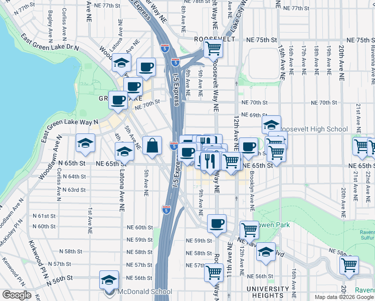 map of restaurants, bars, coffee shops, grocery stores, and more near 620 Northeast 65th Street in Seattle