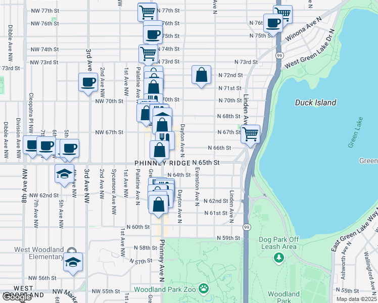 map of restaurants, bars, coffee shops, grocery stores, and more near 507 North 65th Street in Seattle