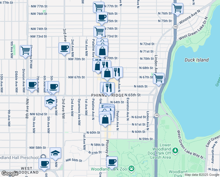 map of restaurants, bars, coffee shops, grocery stores, and more near in Seattle