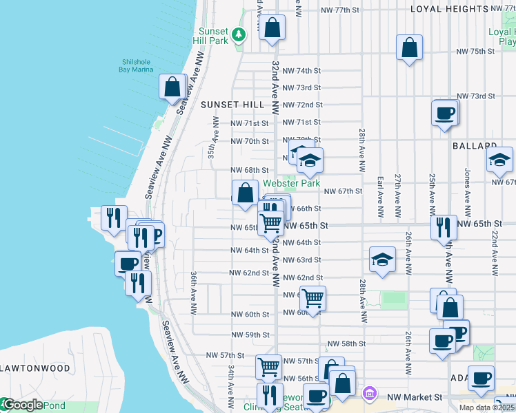 map of restaurants, bars, coffee shops, grocery stores, and more near 3236 Northwest 65th Street in Seattle