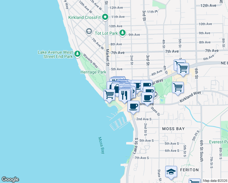 map of restaurants, bars, coffee shops, grocery stores, and more near 221 1st Street in Kirkland