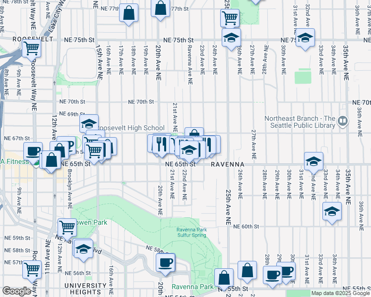 map of restaurants, bars, coffee shops, grocery stores, and more near 6535 Ravenna Avenue Northeast in Seattle