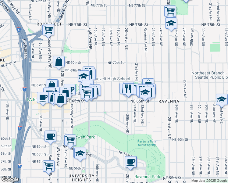map of restaurants, bars, coffee shops, grocery stores, and more near 1800 Northeast 65th Street in Seattle