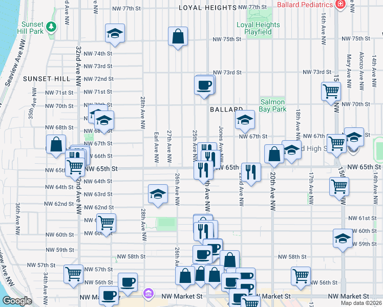 map of restaurants, bars, coffee shops, grocery stores, and more near 6527 25th Avenue Northwest in Seattle