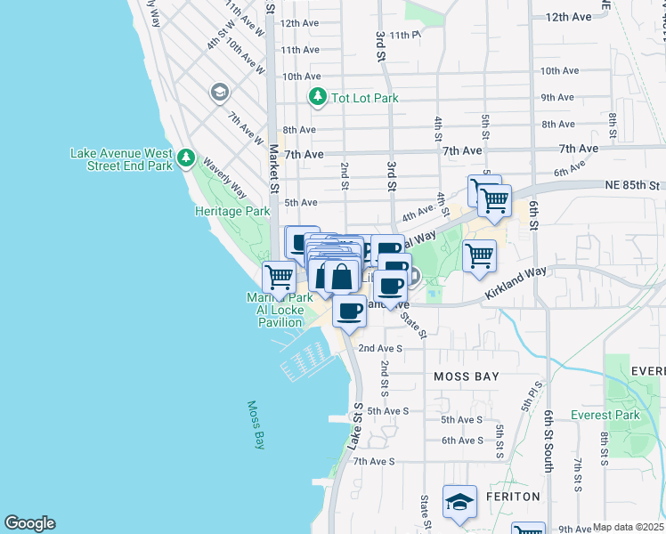 map of restaurants, bars, coffee shops, grocery stores, and more near 107 Park Lane in Kirkland