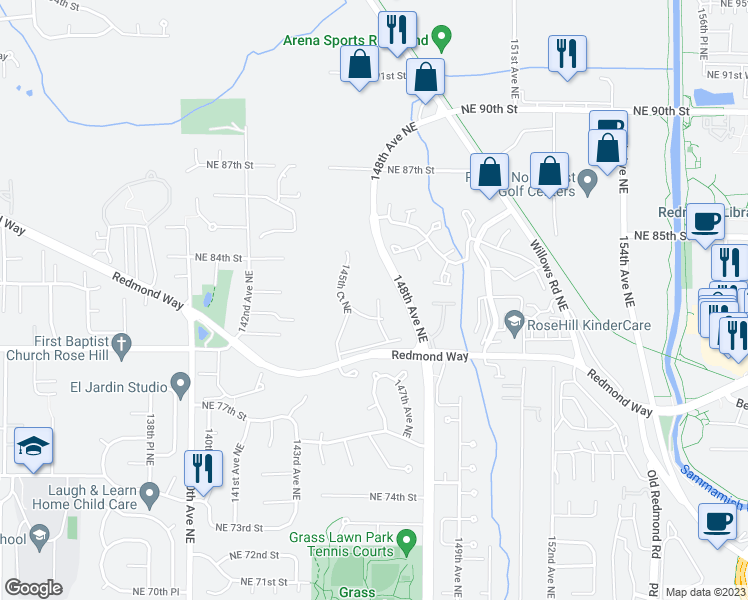 map of restaurants, bars, coffee shops, grocery stores, and more near 8115 146th Court Northeast in Redmond