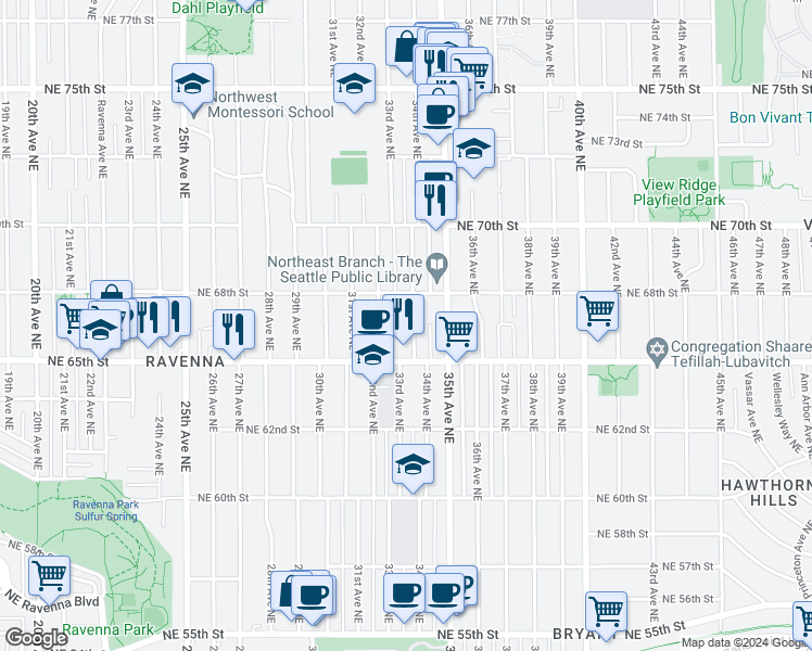 map of restaurants, bars, coffee shops, grocery stores, and more near 6545 34th Avenue Northeast in Seattle