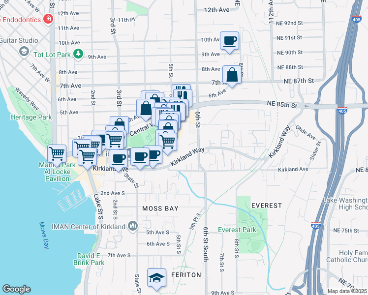 map of restaurants, bars, coffee shops, grocery stores, and more near 550 Kirkland Way in Kirkland
