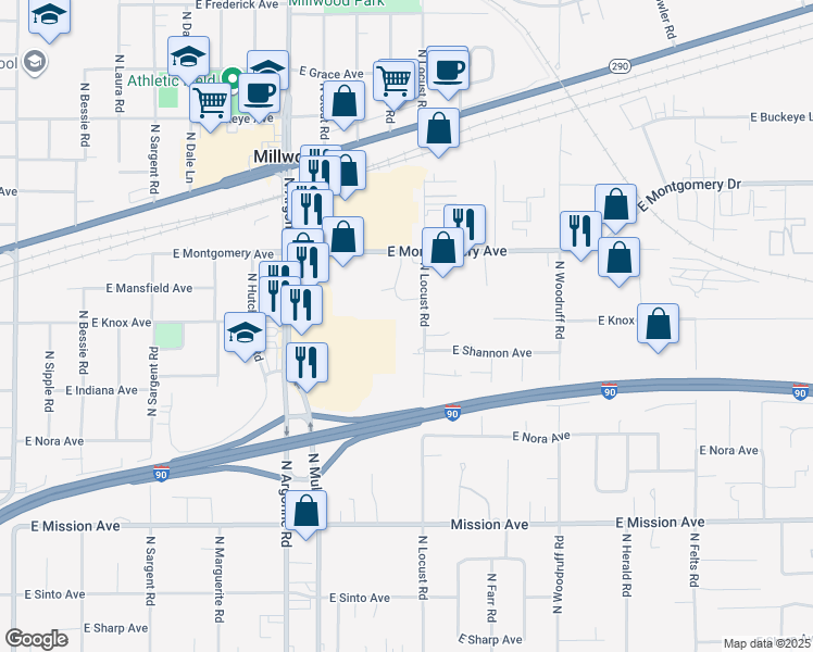 map of restaurants, bars, coffee shops, grocery stores, and more near 2216 North Locust Road in Spokane Valley