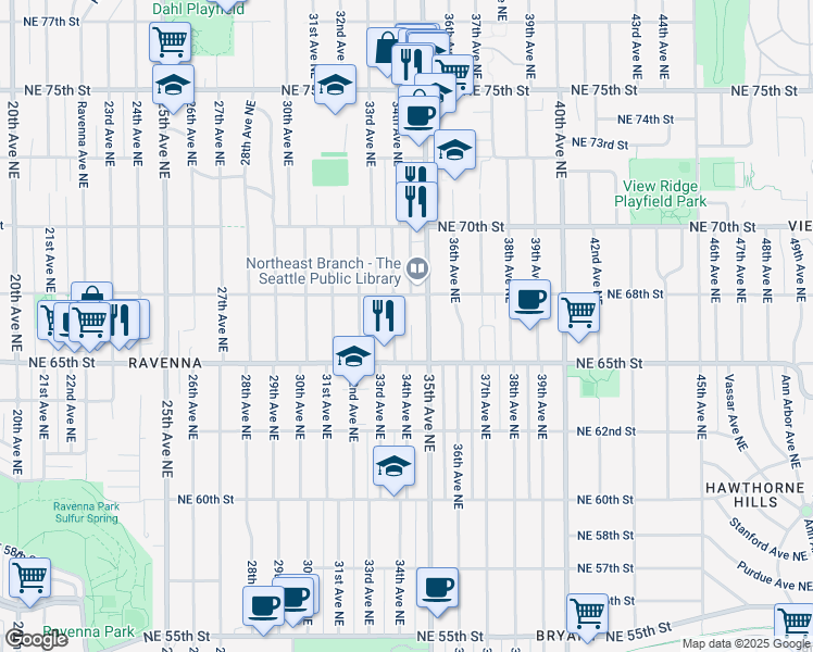 map of restaurants, bars, coffee shops, grocery stores, and more near 6532 34th Avenue Northeast in Seattle