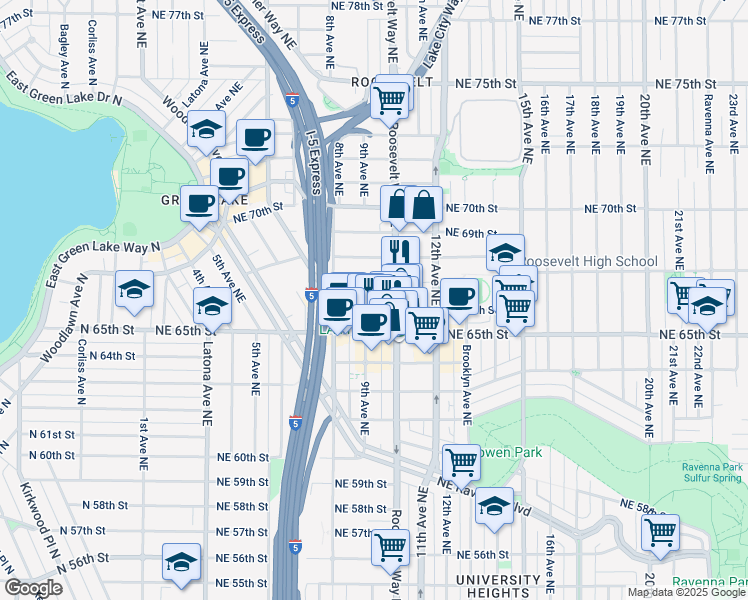 map of restaurants, bars, coffee shops, grocery stores, and more near 838 Northeast 66th Street in Seattle