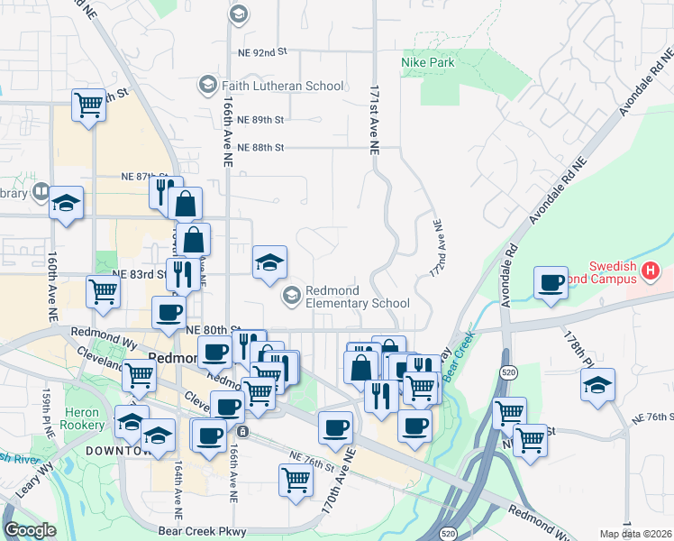 map of restaurants, bars, coffee shops, grocery stores, and more near 8400 169th Place Northeast in Redmond