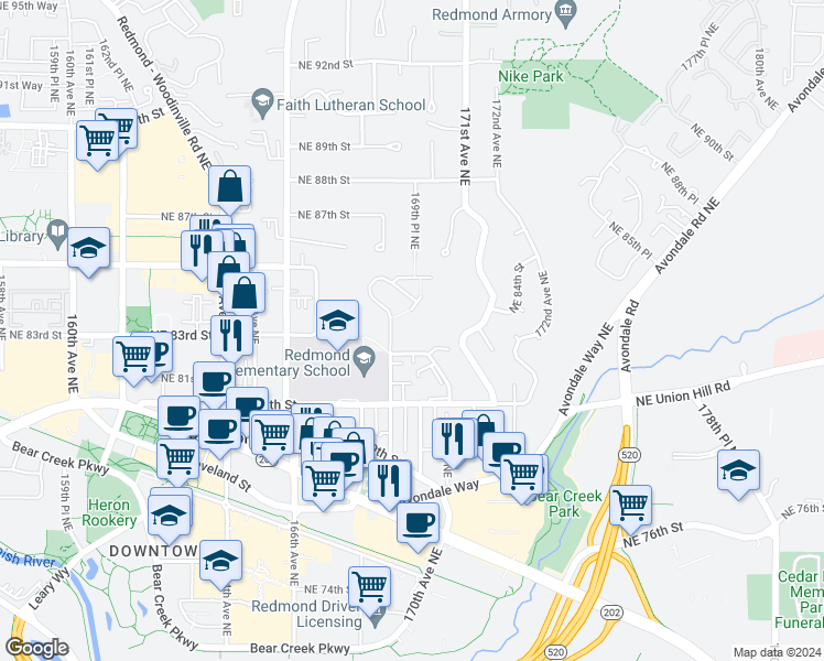 map of restaurants, bars, coffee shops, grocery stores, and more near 8438 169th Avenue Northeast in Redmond