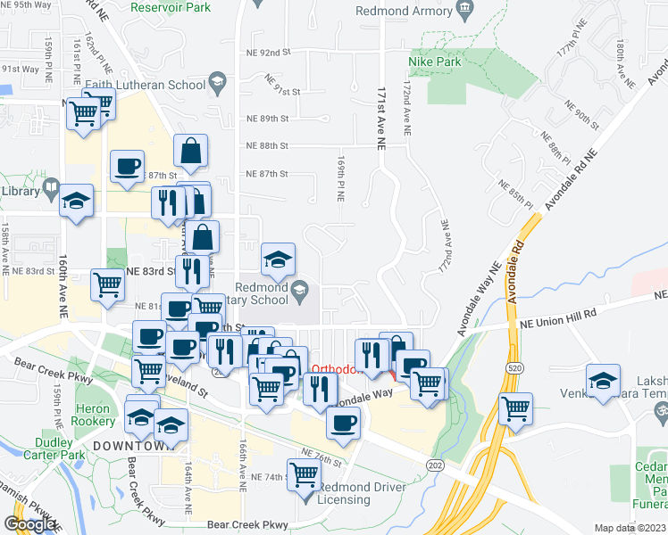 map of restaurants, bars, coffee shops, grocery stores, and more near 8438 169th Avenue Northeast in Redmond