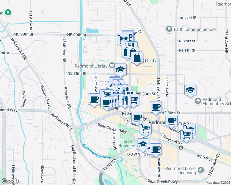 map of restaurants, bars, coffee shops, grocery stores, and more near 8440 160th Avenue Northeast in Redmond