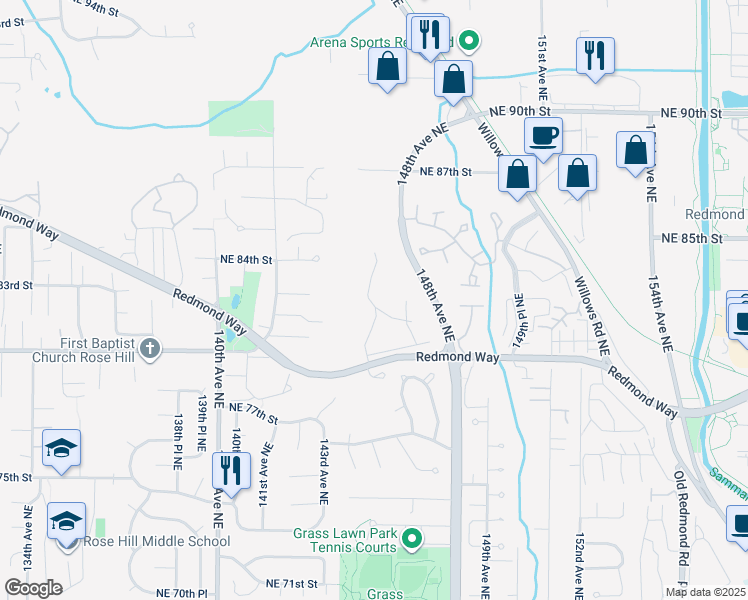 map of restaurants, bars, coffee shops, grocery stores, and more near 8128 145th Court Northeast in Redmond