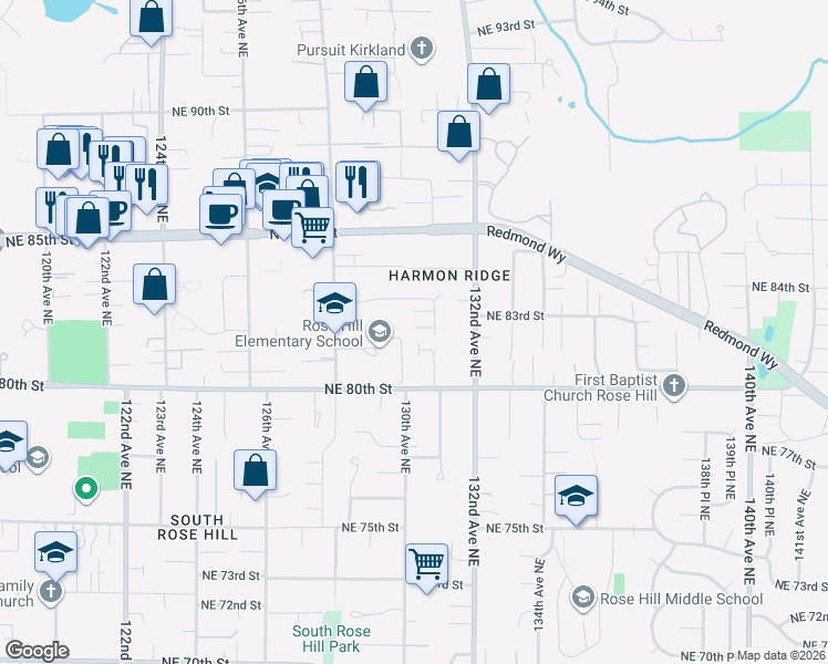 map of restaurants, bars, coffee shops, grocery stores, and more near 13011 Northeast 83rd Street in Kirkland