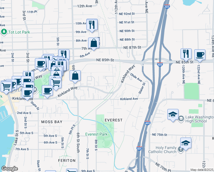 map of restaurants, bars, coffee shops, grocery stores, and more near 929 3rd Avenue in Kirkland