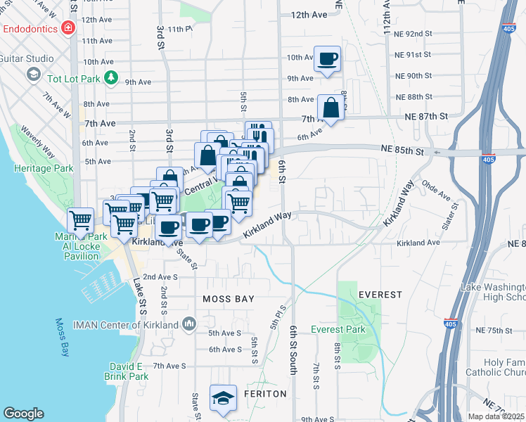 map of restaurants, bars, coffee shops, grocery stores, and more near 530 2nd Avenue in Kirkland