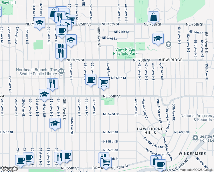 map of restaurants, bars, coffee shops, grocery stores, and more near 4011 Northeast 68th Street in Seattle