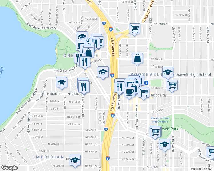 map of restaurants, bars, coffee shops, grocery stores, and more near 520 Northeast Ravenna Boulevard in Seattle