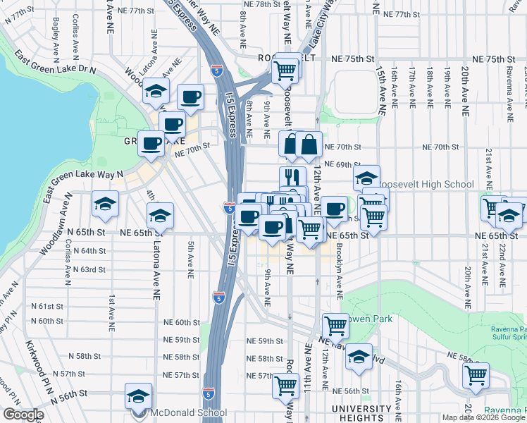 map of restaurants, bars, coffee shops, grocery stores, and more near 828 Northeast 66th Street in Seattle