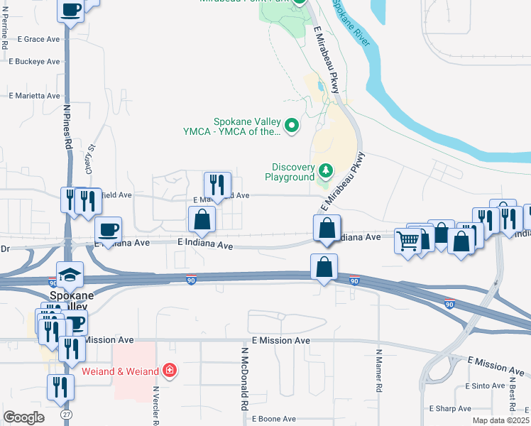 map of restaurants, bars, coffee shops, grocery stores, and more near 13120 East Mansfield Avenue in Spokane
