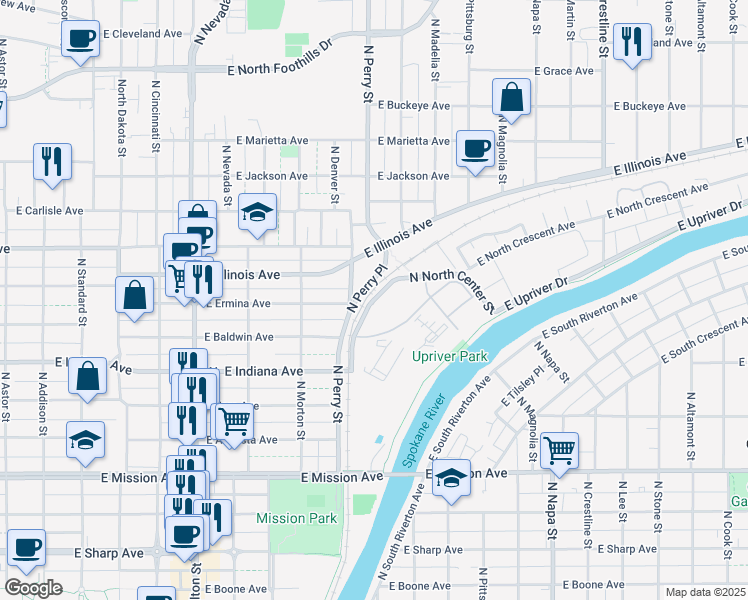 map of restaurants, bars, coffee shops, grocery stores, and more near East Indiana Avenue in Spokane