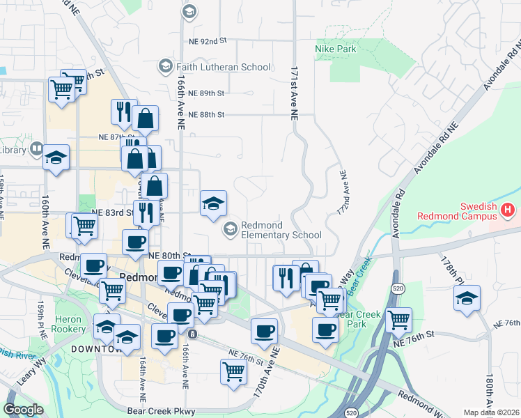 map of restaurants, bars, coffee shops, grocery stores, and more near 8438 169th Avenue Northeast in Redmond