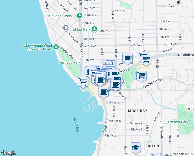 map of restaurants, bars, coffee shops, grocery stores, and more near in Kirkland