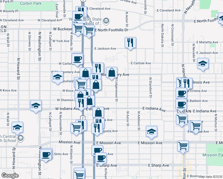 map of restaurants, bars, coffee shops, grocery stores, and more near 220 East Ermina Avenue in Spokane
