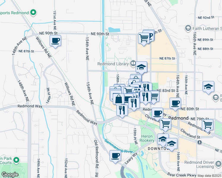 map of restaurants, bars, coffee shops, grocery stores, and more near 8383 158th Avenue Northeast in Redmond