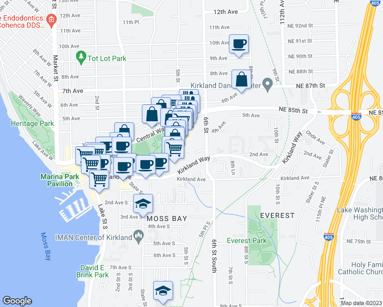 map of restaurants, bars, coffee shops, grocery stores, and more near 550 Kirkland Way in Kirkland