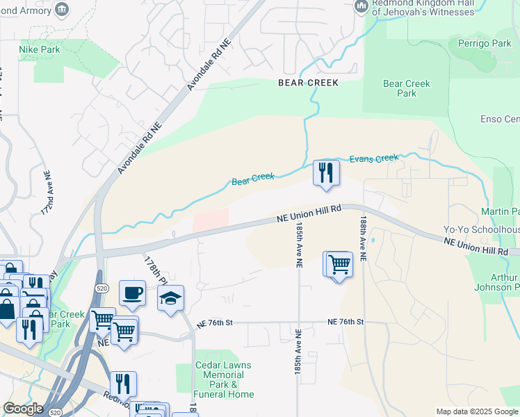 map of restaurants, bars, coffee shops, grocery stores, and more near 18300 Northeast Union Hill Road in Redmond