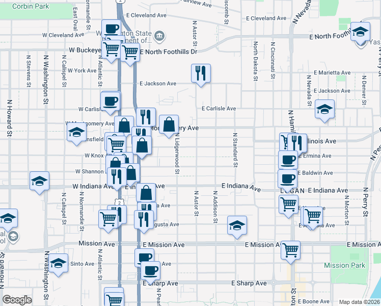 map of restaurants, bars, coffee shops, grocery stores, and more near 327 East Ermina Avenue in Spokane