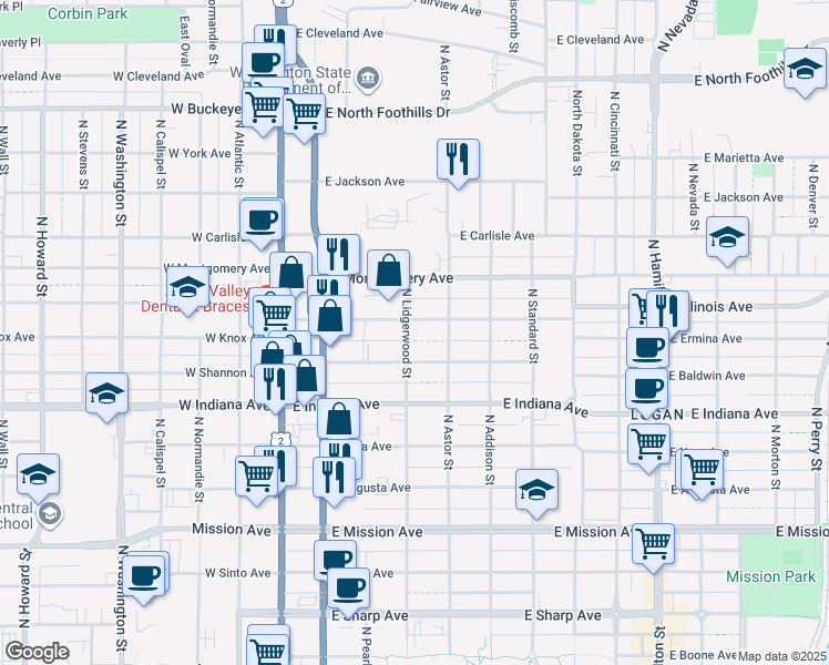 map of restaurants, bars, coffee shops, grocery stores, and more near 227 East Ermina Avenue in Spokane