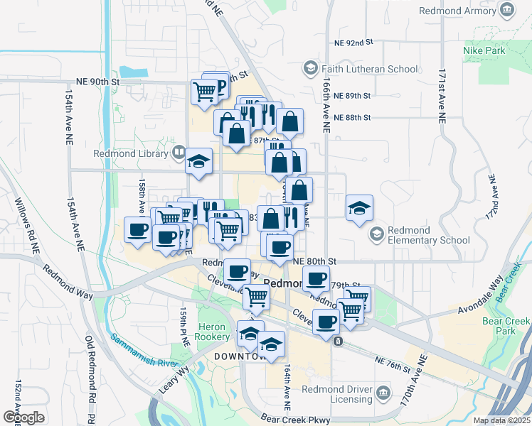 map of restaurants, bars, coffee shops, grocery stores, and more near 16340 Northeast 83rd Street in Redmond