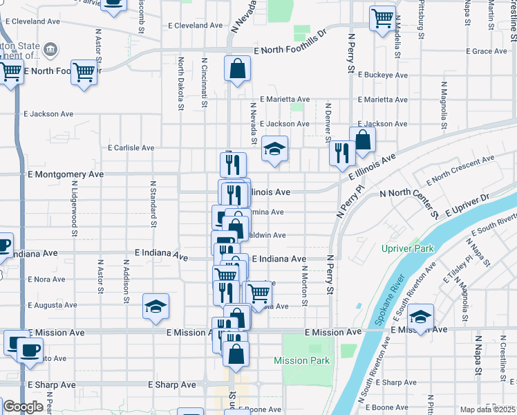 map of restaurants, bars, coffee shops, grocery stores, and more near 948 East Illinois Avenue in Spokane