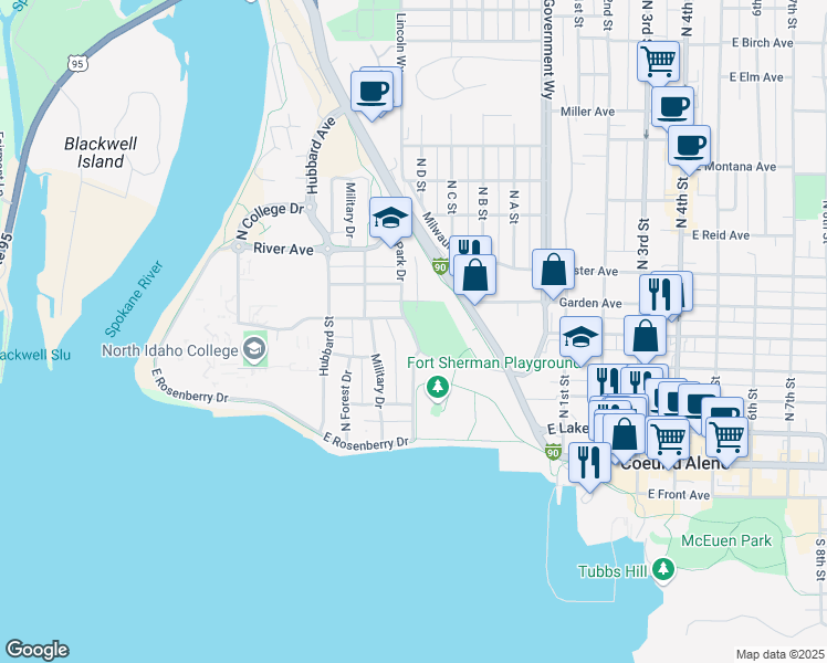 map of restaurants, bars, coffee shops, grocery stores, and more near Park Drive in Coeur d'Alene